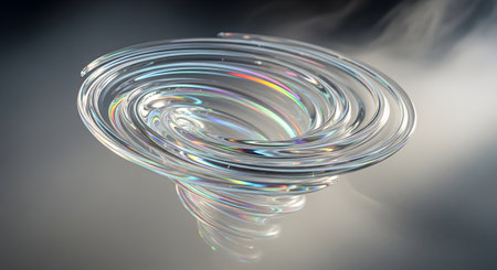 A dynamic, abstract vortex of clear liquid swirls with subtle rainbow colors refracting within its translucent form against a smoky background.の素材