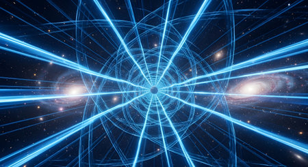 A futuristic tunnel of glowing blue light beams extends into a distant galaxy filled with stars and nebulae.の素材