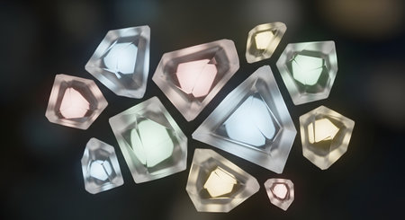 A collection of irregularly shaped, translucent crystal fragments with varying pastel colors arranged in a scattered pattern against a dark background.の素材