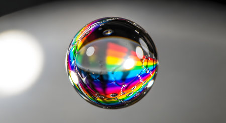 A single, perfectly formed water droplet floats in mid-air, refracting light into a stunning display of rainbow colors.の素材