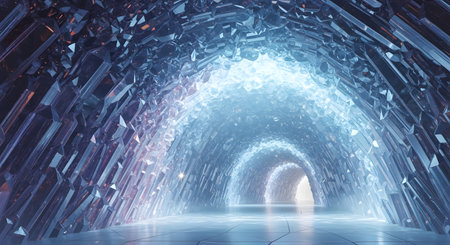 A luminous, otherworldly tunnel formed from shimmering crystals, leading to a bright, ethereal portal. The scene evokes magic and wonder.の素材
