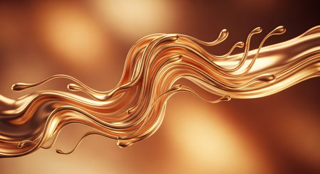 A dynamic, flowing wave of golden liquid splashes and drips against a warm, blurred background.の素材
