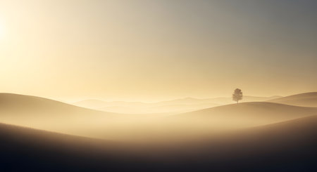 Golden light breaks through mist, illuminating rolling hills and a solitary tree silhouette in the distance.の素材