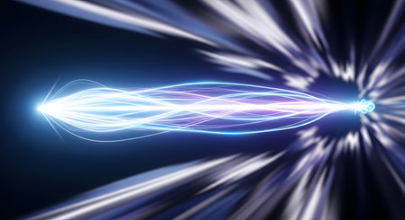A vibrant, abstract visualization of a glowing blue and purple energy stream, radiating outwards with blurred light streaks.の素材