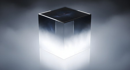 A dark, reflective cube stands tall, bathed in an ethereal, bright white light that emanates from its base and dissipates into a hazy atmosphere.の素材
