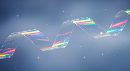 A holographic ribbon twists and turns, catching light and reflecting rainbow colors against a soft, hazy blue backdrop with tiny sparkles.の素材