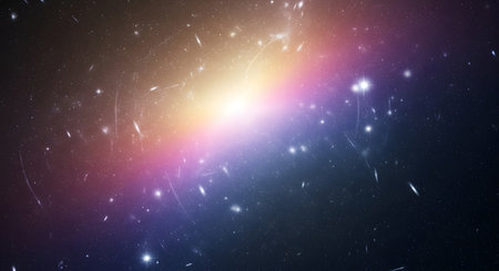 A luminous galactic core glows with intense light, surrounded by scattered stars and wisps of cosmic dust, showcasing vibrant colors.の素材