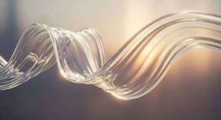 A translucent, wavy ribbon with a smooth texture, illuminated by warm, soft light, creating an ethereal and fluid abstract form.の素材