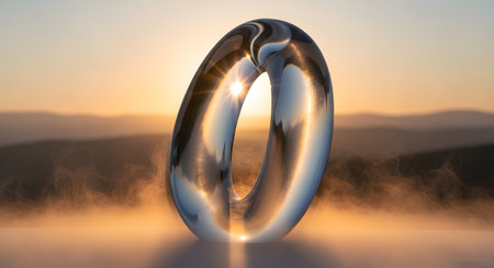 A surreal, glowing oval portal stands in a misty landscape at sunset, reflecting the warm sky and distant hills.の素材