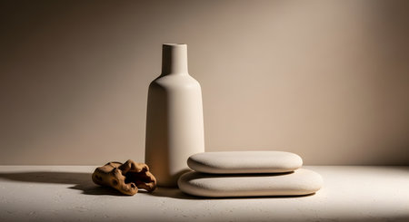 A tall, slender bottle stands beside two stacked soap bars and crumpled paper on a neutral surface.の素材