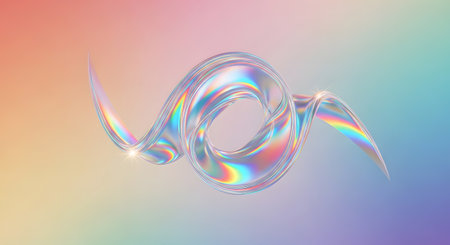 A translucent, iridescent ribbon twists and turns against a soft, pastel gradient background, catching light and reflecting rainbow colors.の素材