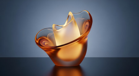 A striking amber glass sculpture vase with a fluid, organic form and a gradient of warm tones, showcased against a soft blue background.の素材