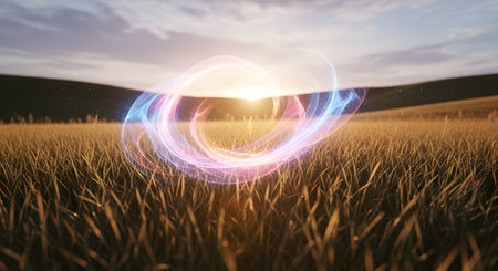 A surreal, luminous ring of light hangs in the sky above a vast field of ripe wheat, bathed in the warm glow of a setting sun.の素材