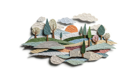 A textured, layered paper collage depicts a dreamlike landscape with rolling hills, stylized cypress trees, and a vibrant sun.の素材