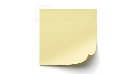 A plain yellow sticky note is shown against a white background with a shadow. The top right corner is gently curled.の素材
