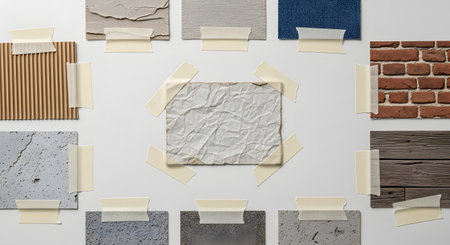 Various textured material samples, including brick, wood, and paper, are arranged in a grid on a white background.の素材