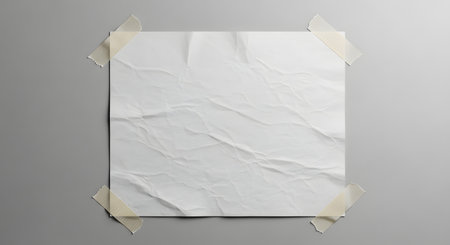 A crumpled blank white paper poster is attached to a plain gray wall with pieces of tape. The paper has many visible creases and folds.の素材