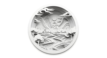 An oval-shaped engraving depicts a detailed traditional Chinese landscape with mountains, trees, water, and architectural elements.の素材