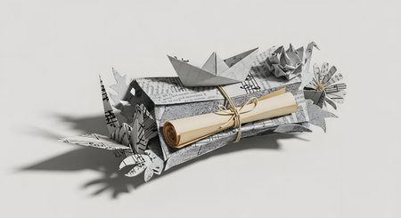 A detailed origami house constructed from newspaper, featuring a paper crown and a rolled scroll. The artwork is set against a plain background with soft shadows.の素材
