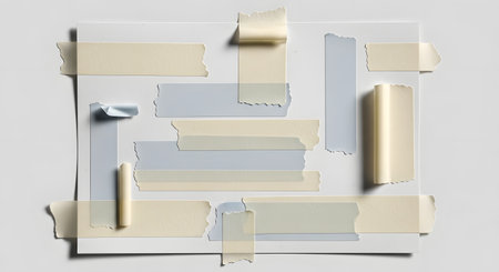 A flat lay composition of various neutral colored paper swatches, arranged and taped together on a light grey background.の素材