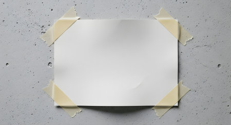 A blank white sheet of paper is attached to a rough, textured gray surface with four pieces of light-colored tape.の素材