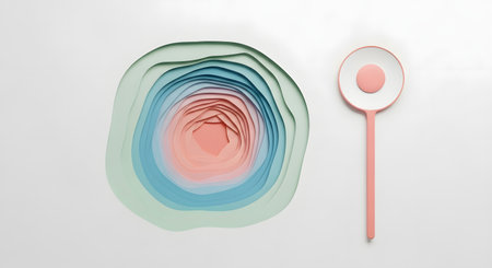 A layered abstract form with pastel colors sits next to a decorative spoon with a pink handle and oval head.の素材
