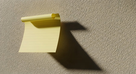 A close-up shot of a yellow sticky note, partially unrolled, casting a distinct shadow on a rough, speckled background.の素材