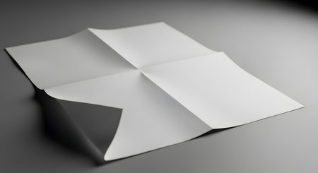 A stark, minimalist image of a single sheet of white paper folded into a geometric shape, casting a shadow on a textured gray background.の素材