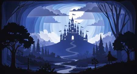 A majestic, dark castle sits atop a hill, with a winding path leading to its gates. Silhouetted trees frame the scene under a luminous, cloudy moonlit sky.の素材