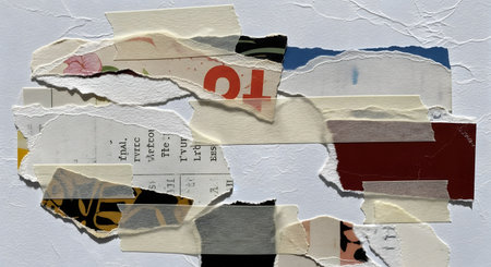 A textured abstract artwork featuring layered torn paper scraps, tape, and fragments of text and numbers on a white background.の素材
