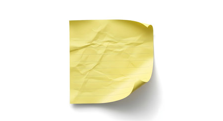 A single, crumpled yellow sticky note is shown against a stark white backdrop, casting a soft shadow.の素材