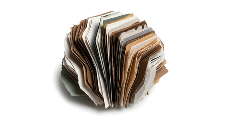 A tightly bound stack of aged papers and documents, fanned out to reveal their textured edges and varied colors against a plain white backdrop.の素材