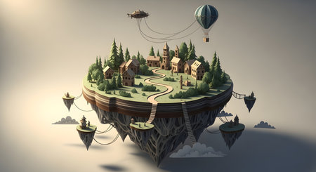 A detailed miniature island floats in the sky, featuring a village, trees, and hot air balloons. Fantasy landscape.の素材