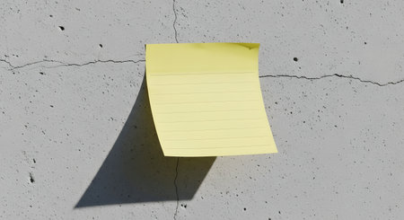 A single yellow sticky note is affixed to a textured, cracked concrete surface, casting a distinct shadow.の素材
