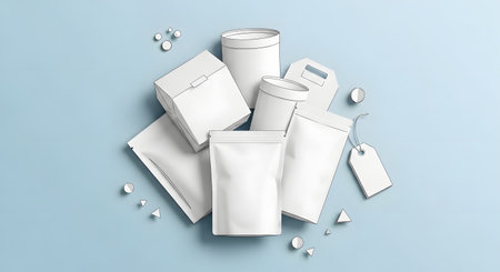 A top-down view of several white cosmetic tubes and packaging items artfully arranged on a soft blue surface with scattered small white elements.の素材