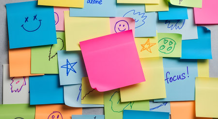 A vibrant collection of sticky notes in various colors, some with doodles, drawings, and handwritten messages, adhered to a surface.の素材
