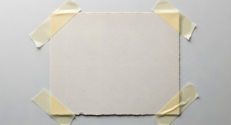 A blank, light-colored square canvas is taped to a plain gray background with yellowing tape in a top-down view.の素材
