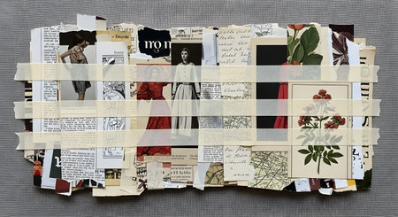 A textured collage created by weaving strips of vintage paper, fabric, and small photographs together, forming a grid-like pattern.の素材