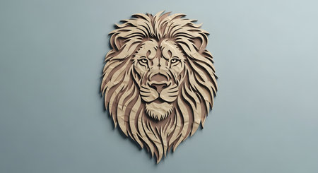A detailed, realistic wooden carving of a lion's head with a majestic mane, presented against a plain background.の素材