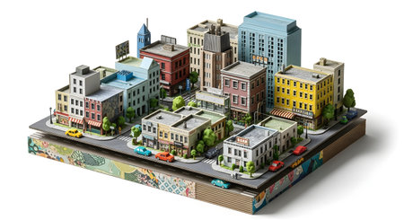 A detailed miniature model of a city block, featuring various buildings, streets, and tiny cars, displayed on a decorative base.の素材