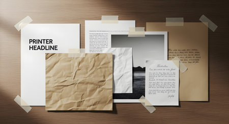 A collection of papers, photographs, and crumpled kraft paper are taped to a wooden surface, creating a textured collage.の素材