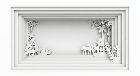 A delicate, layered paper diorama creates a whimsical forest scene with intricate cutouts and shadows.の素材