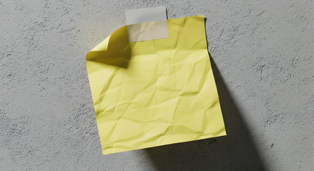 A crumpled yellow piece of paper is attached to a rough, textured gray surface, casting a distinct shadow.の素材
