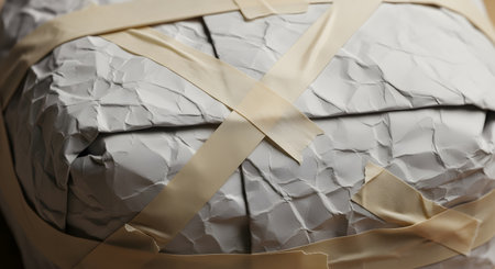 A detailed view of a textured object covered in torn paper pieces and secured with masking tape, suggesting a crafting or art project in progress.の素材