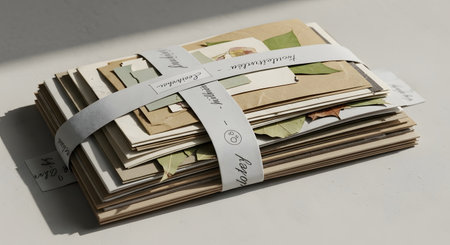 A neat stack of old letters and envelopes, bound together with a light-colored ribbon, casting a soft shadow.の素材