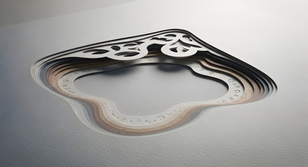 A modern, abstract metal sculpture with layered, flowing lines and intricate cutouts, set against a gradient background.の素材