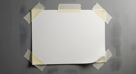 A blank white sheet of paper is taped to a dark, textured surface, creating a simple and clean composition for notes or messages.の素材