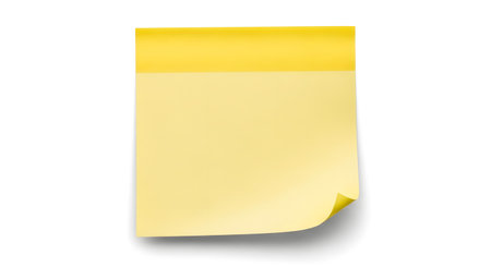 A single, pale yellow sticky note with a distinct yellow top strip and a gently curled bottom right corner, isolated on a clean white surface.の素材