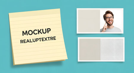 A yellow sticky note and two business card mockups, one with a smiling man, on a teal background.の素材