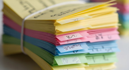 A vibrant stack of lined index cards in various pastel colors, neatly bound together with a white rubber band. Some cards have handwritten notes.の素材